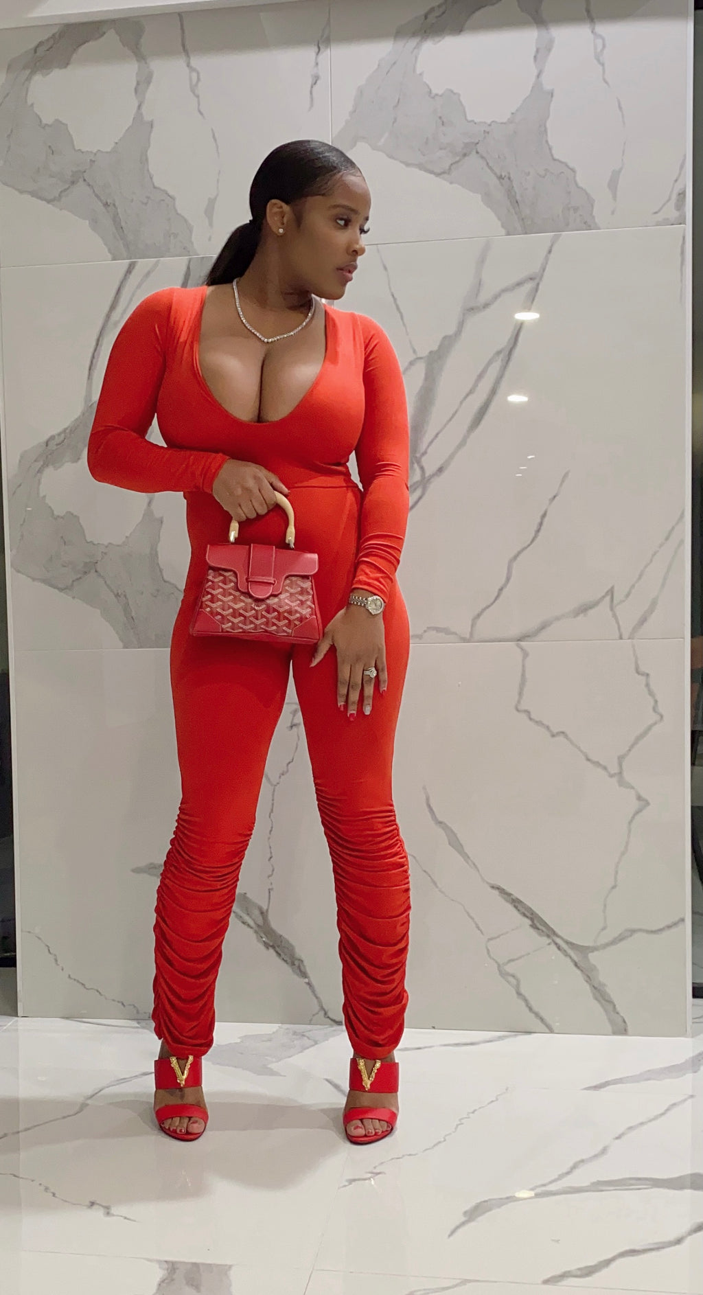 Red Ruched Legged Jumpsuit