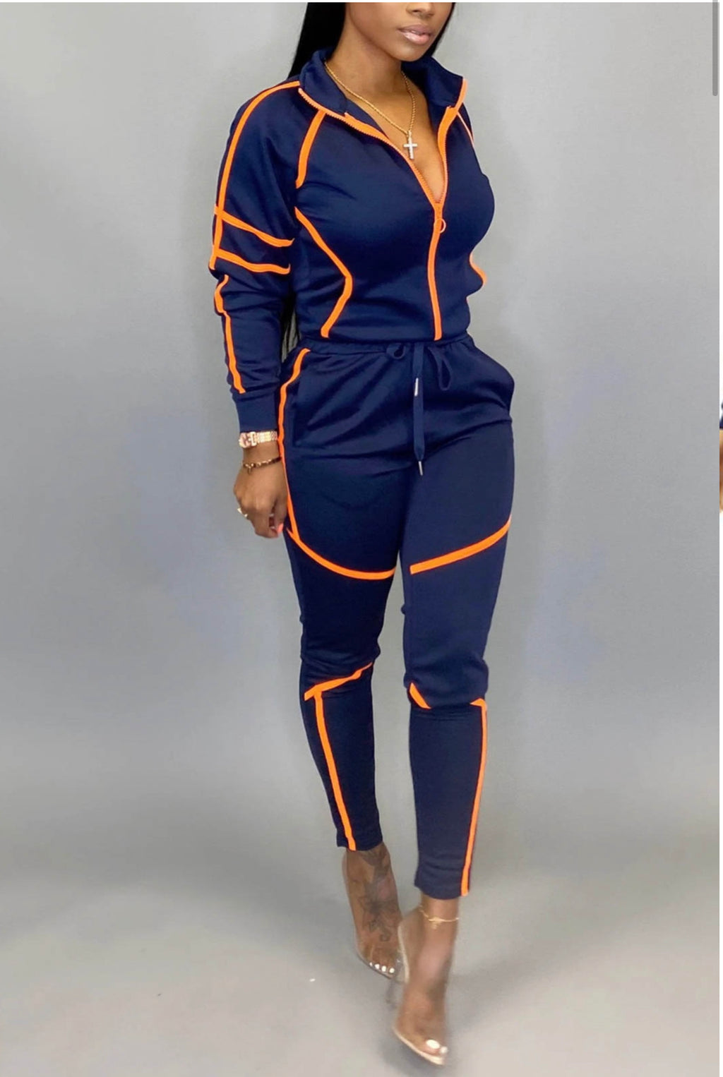 Hooded Navy Blue w/ Orange Pattern Track Set