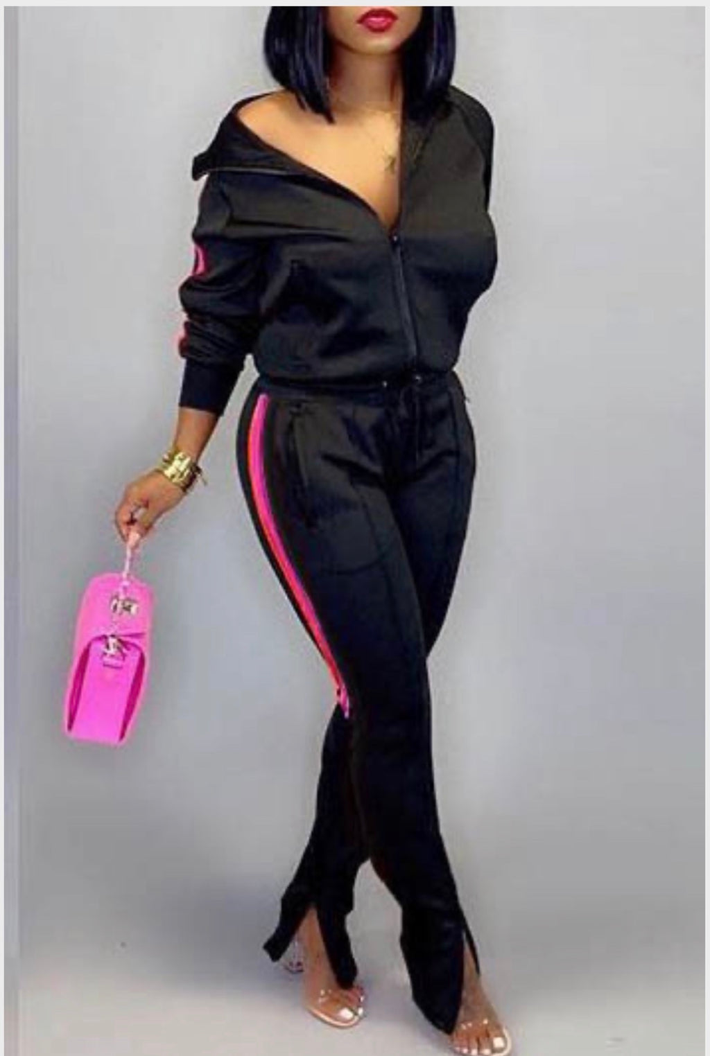 Hot Pink/ Neon Orange Striped Black Jogger Set