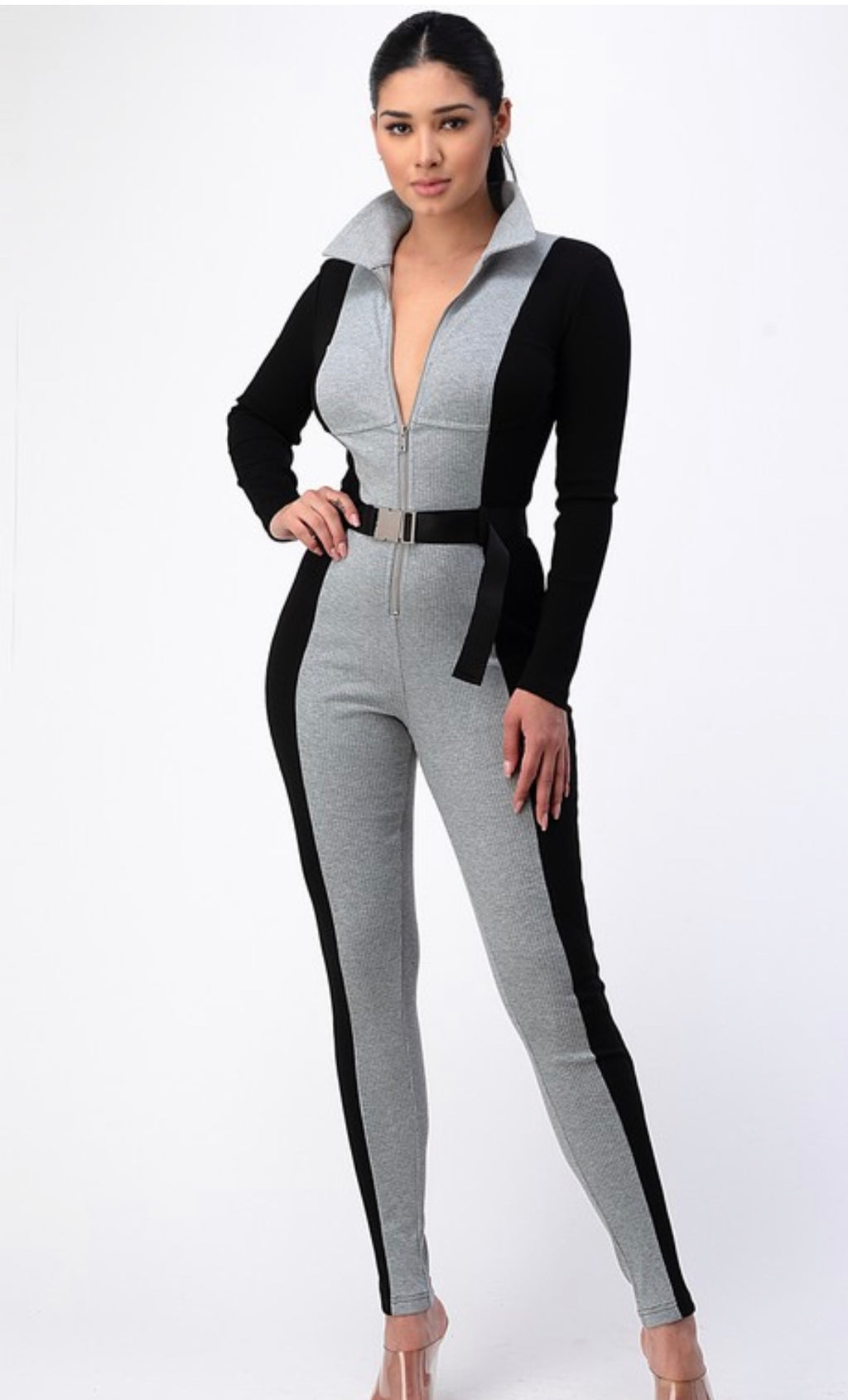 Black & Grey Collared Jumpsuit